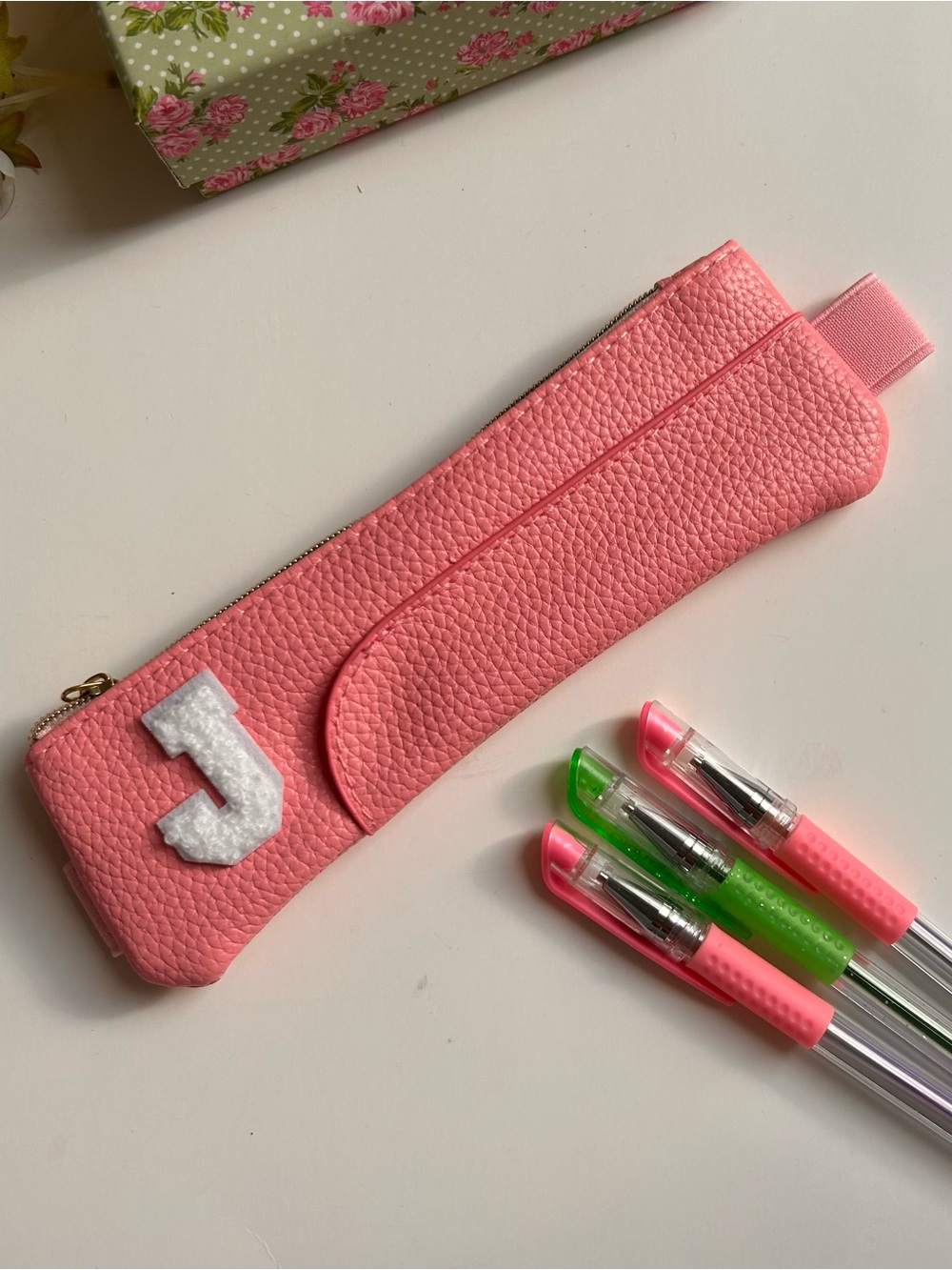 Pencil Case in Pink Faux Leather with White Chenille Varsity Monogrammed
